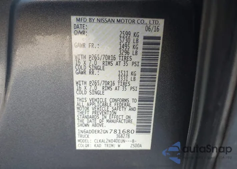 2016 Nissan Frontier Sv z USA, uszkodzony, nr VIN 1N6AD0ER2GN781680